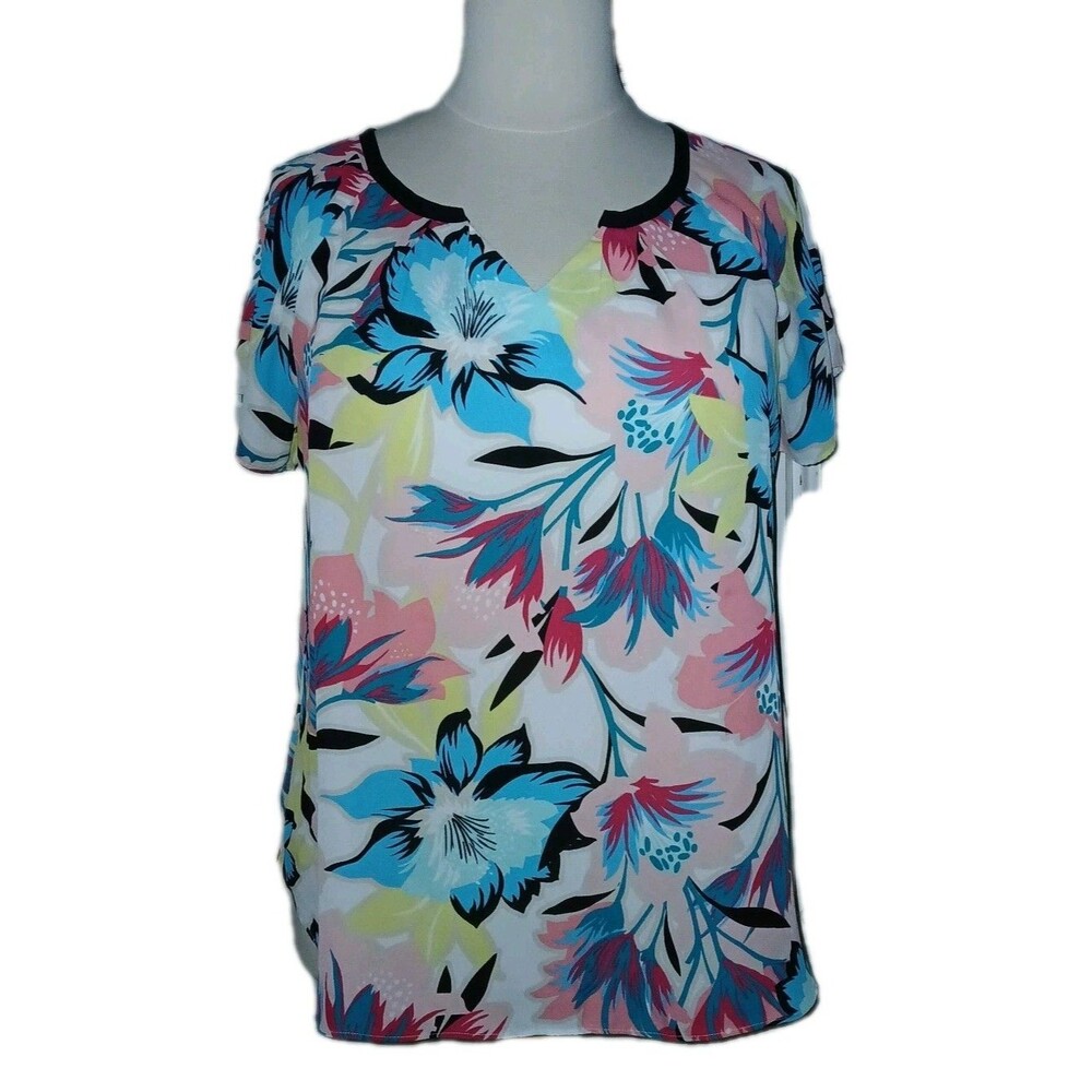 WORTHINGTON Womens 1X Tropical Floral Split V-Neck Short Sleeve Multicolor Top